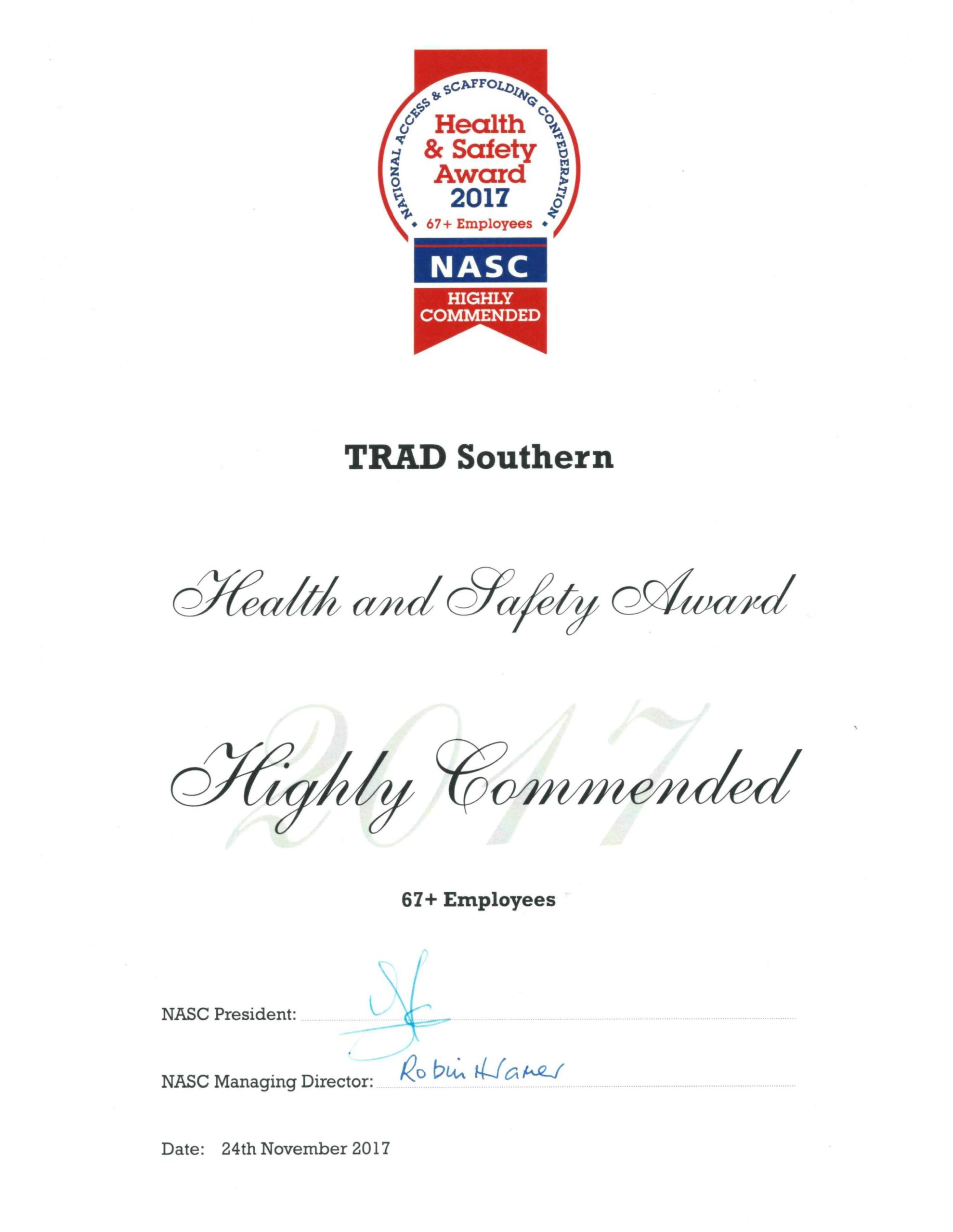NASC HIGHLY COMMENDED HEALTH & SAFETY AWARD