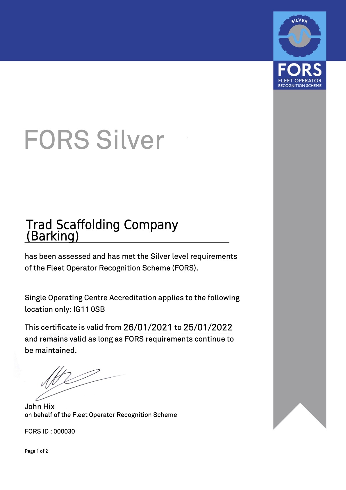 TFL freight operator recognition scheme (fors) silver accreditation